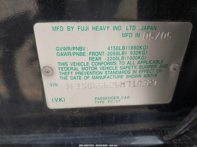 45281522 :رقم المزاد ، JF1SG65626H710327 vin ، 2006 Subaru Forester 2.5x مزاد بيع