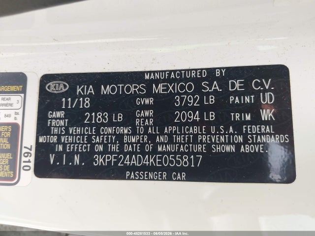 45281533 :رقم المزاد ، 3KPF24AD4KE055817 vin ، 2019 Kia Forte Lxs مزاد بيع