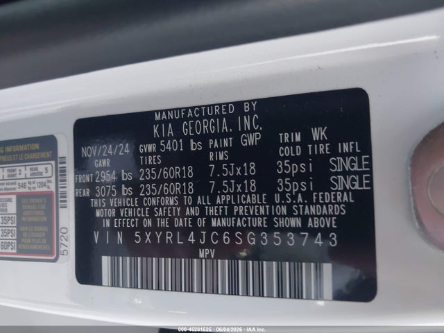 2025 Kia Sorento S მანქანა იყიდება აუქციონზე, vin: 5XYRL4JC6SG353743, აუქციონის ნომერი: 45281535