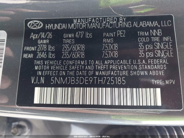 Продаж на аукціоні авто 2026 Hyundai Tucson Sel, vin: 5NMJB3DE9TH725185, номер лоту: 45281537