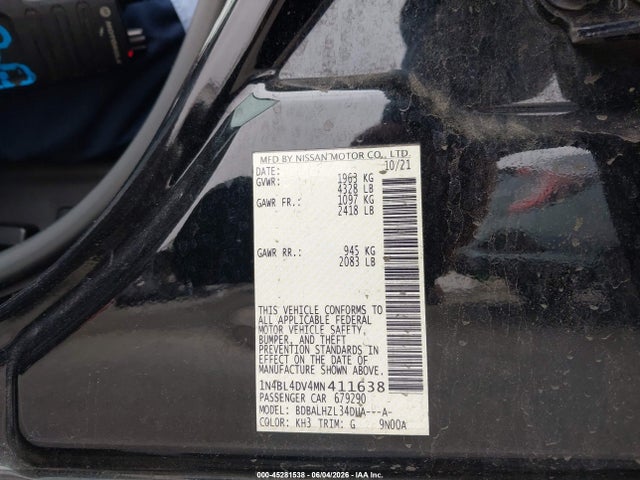 1N4BL4DV4MN411638 Nissan Altima Sv Fwd