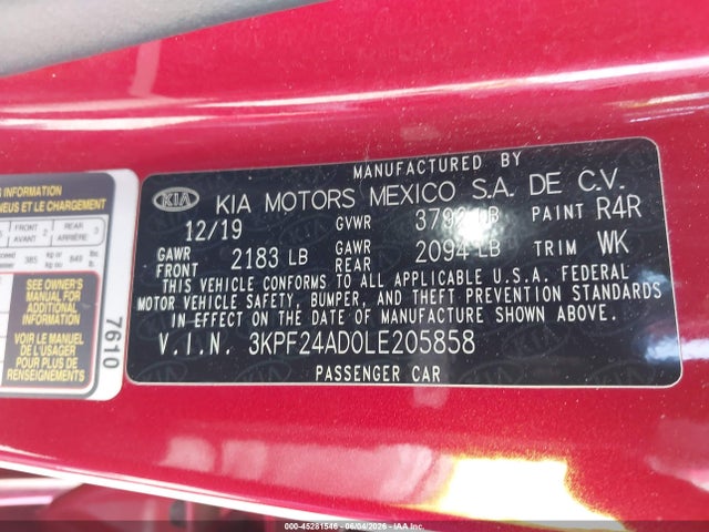 Aukcja sprzedaży 2020 Kia Forte Lxs, vin: 3KPF24AD0LE205858, numer aukcji: 45281546