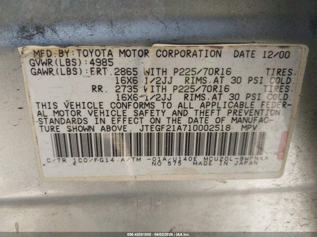Продаж на аукціоні авто 2001 Toyota Highlander V6, vin: JTEGF21A710002518, номер лоту: 45281550