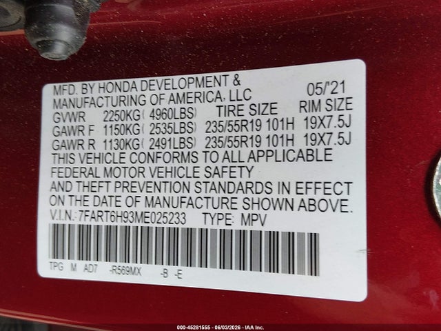 Aukcja sprzedaży 2021 Honda Cr-v Hybrid Touring, vin: 7FART6H93ME025233, numer aukcji: 45281555
