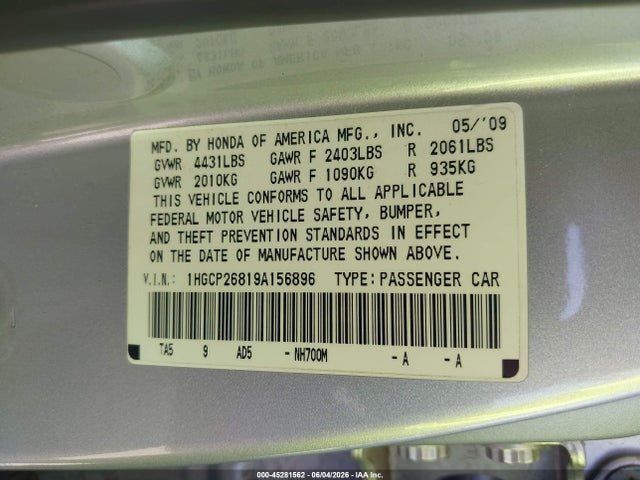 45281562 :رقم المزاد ، 1HGCP26819A156896 vin ، 2009 Honda Accord 2.4 Ex-l مزاد بيع