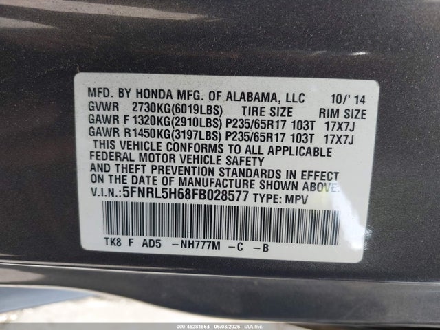 Honda Odyssey Ex-l 2015 5FNRL5H68FB028577 Image 9