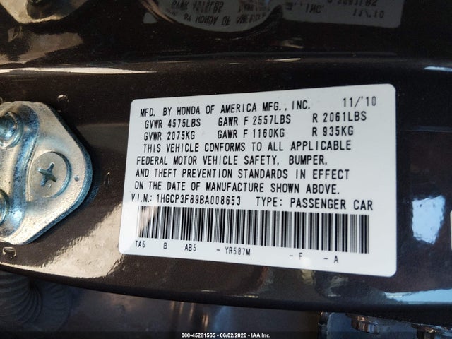 Продажа на аукционе авто 2011 Honda Accord 3.5 Ex-l, vin: 1HGCP3F89BA008653, номер лота: 45281565