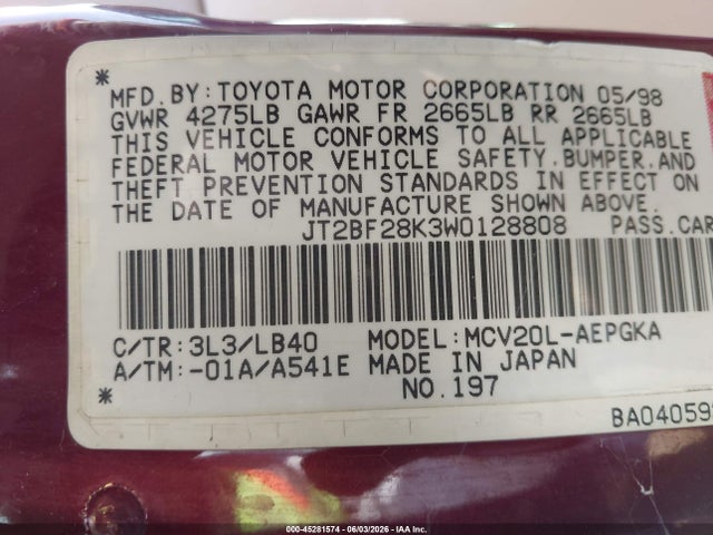 1998 Toyota Camry Xle V6 მანქანა იყიდება აუქციონზე, vin: JT2BF28K3W0128808, აუქციონის ნომერი: 45281574