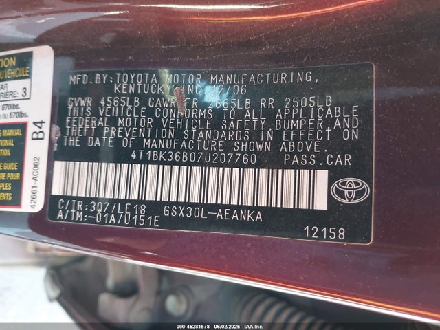 Продаж на аукціоні авто 2007 Toyota Avalon Touring, vin: 4T1BK36B07U207760, номер лоту: 45281578