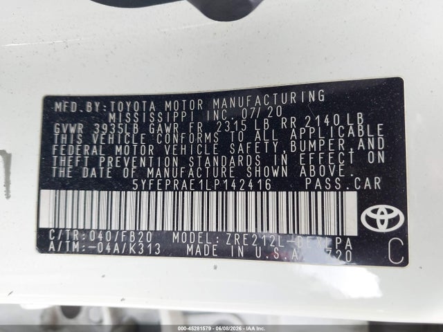 45281579 :رقم المزاد ، 5YFEPRAE1LP142416 vin ، 2020 Toyota Corolla Le مزاد بيع