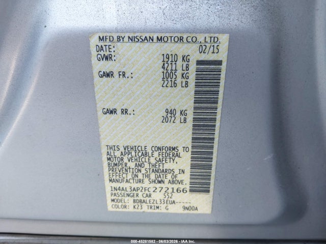 45281582 :رقم المزاد ، 1N4AL3AP2FC272166 vin ، 2015 Nissan Altima 2.5/2.5 S/2.5 Sl/2.5 Sv مزاد بيع