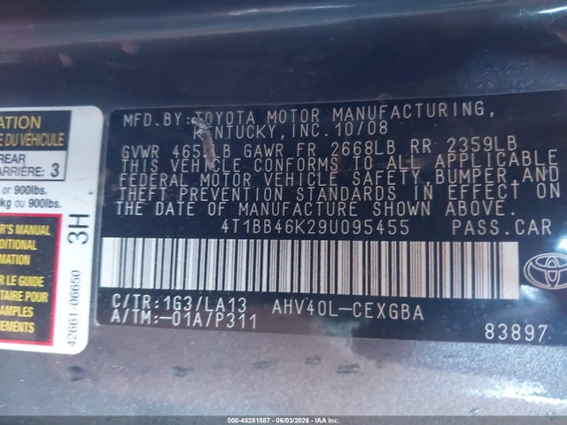 Aukcja sprzedaży 2009 Toyota Camry Hybrid, vin: 4T1BB46K29U095455, numer aukcji: 45281587