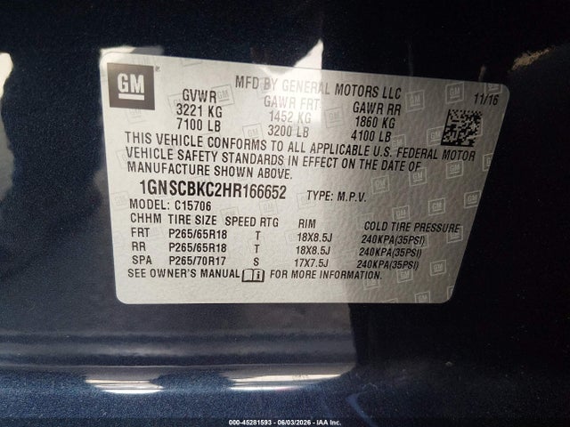 Auction sale of the 2017 Chevrolet Tahoe Lt, vin: 1GNSCBKC2HR166652, lot number: 45281593