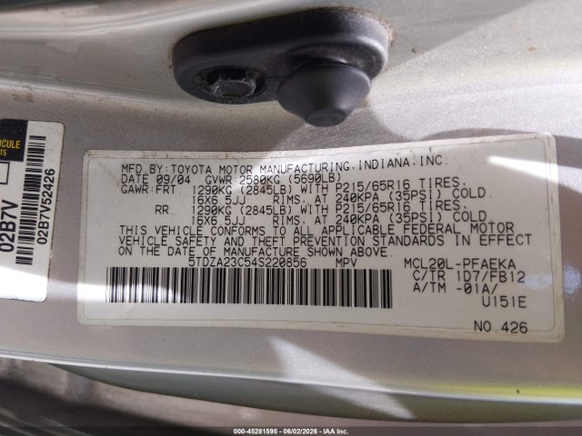 Продажа на аукционе авто 2004 Toyota Sienna Le, vin: 5TDZA23C54S220856, номер лота: 45281595