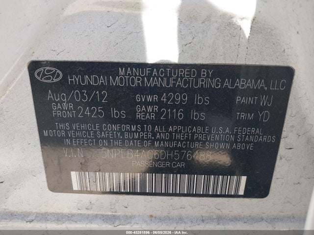 Продаж на аукціоні авто 2013 Hyundai Sonata Gls, vin: 5NPEB4AC6DH576488, номер лоту: 45281596