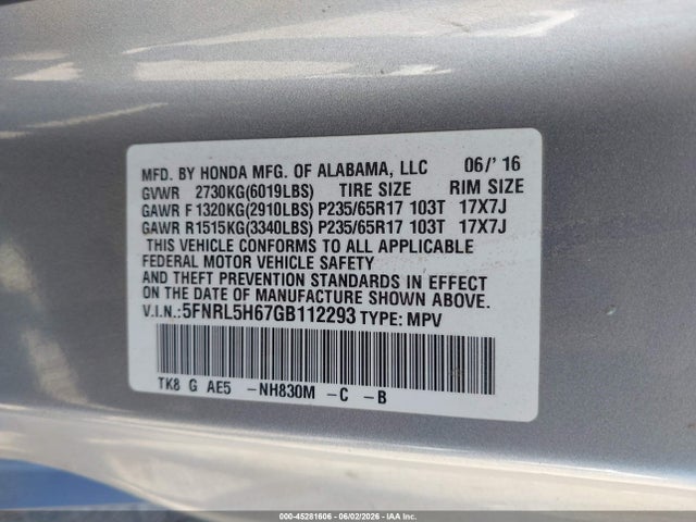 5FNRL5H67GB112293 Honda Odyssey Ex-l