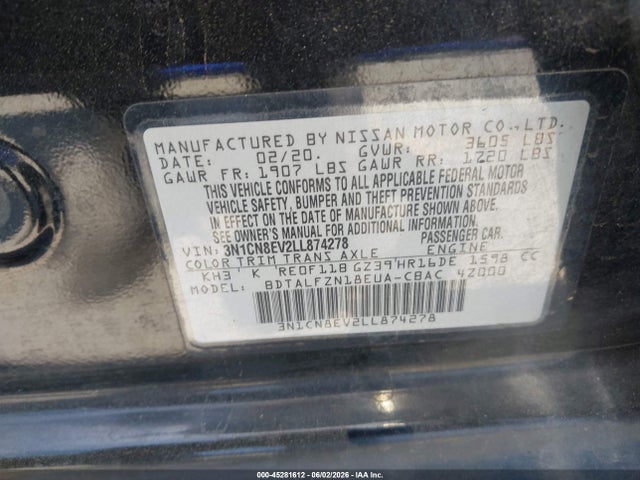 45281612 :رقم المزاد ، 3N1CN8EV2LL874278 vin ، 2020 Nissan Versa Sv Xtronic Cvt مزاد بيع