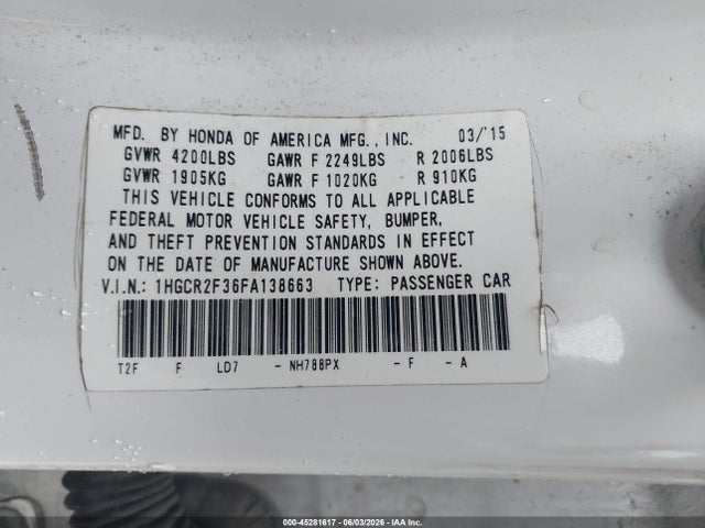 Aukcja sprzedaży 2015 Honda Accord Lx, vin: 1HGCR2F36FA138663, numer aukcji: 45281617