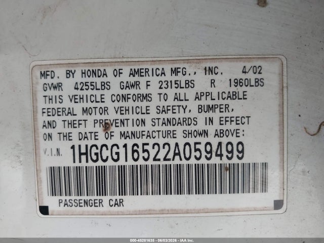 Aukcja sprzedaży 2002 Honda Accord 3.0 Ex, vin: 1HGCG16522A059499, numer aukcji: 45281635