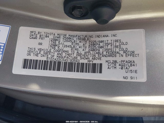 45281641 :رقم المزاد ، 5TDZA22CX4S193543 vin ، 2004 Toyota Sienna Xle Limited مزاد بيع