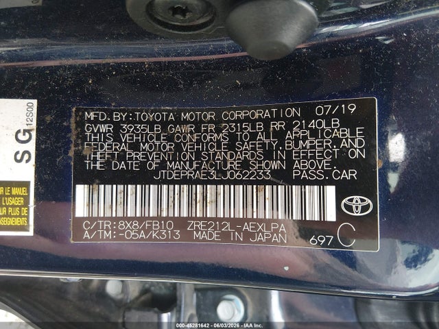 45281642 :رقم المزاد ، JTDEPRAE3LJ062233 vin ، 2020 Toyota Corolla Le مزاد بيع