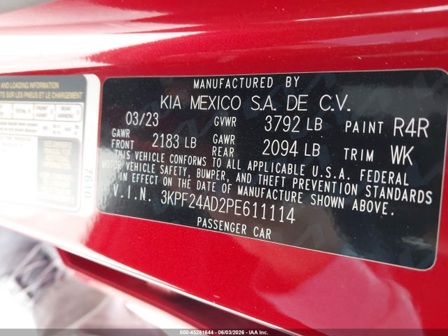 45281644 :رقم المزاد ، 3KPF24AD2PE611114 vin ، 2023 Kia Forte Lxs مزاد بيع