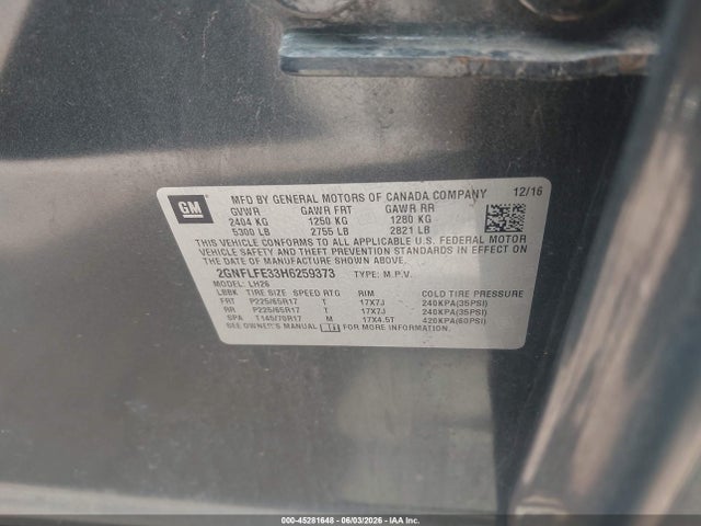 45281648 :رقم المزاد ، 2GNFLFE33H6259373 vin ، 2017 Chevrolet Equinox Lt مزاد بيع