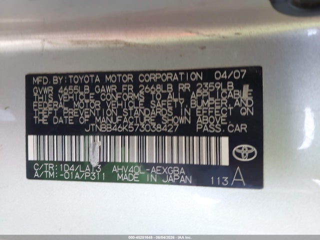 Aukcja sprzedaży 2007 Toyota Camry Hybrid, vin: JTNBB46K573038427, numer aukcji: 45281649