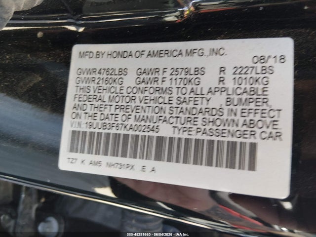 45281660 :رقم المزاد ، 19UUB3F67KA002545 vin ، 2019 Acura Tlx Tech   A-spec Pkgs مزاد بيع