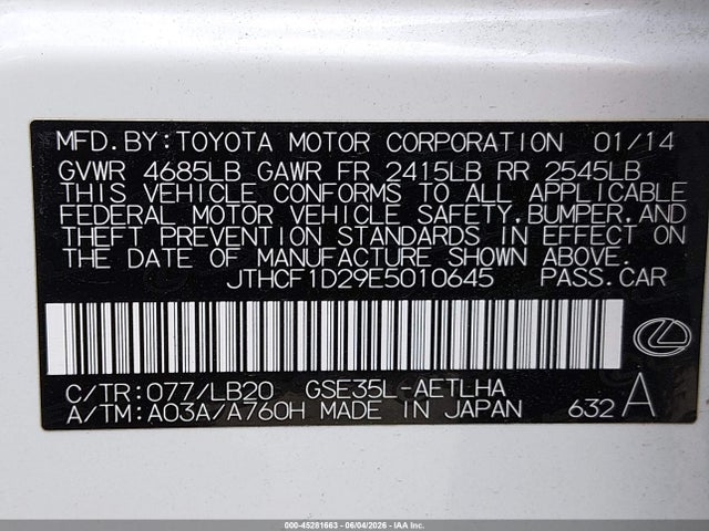 Aukcja sprzedaży 2014 Lexus Is 250, vin: JTHCF1D29E5010645, numer aukcji: 45281663
