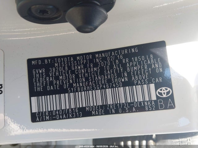 5YFBURHE5GP467450 Toyota COROLLA LE