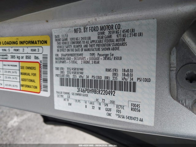 Ford FUSION SE 2014 3FA6P0H98ER220492 Image 9