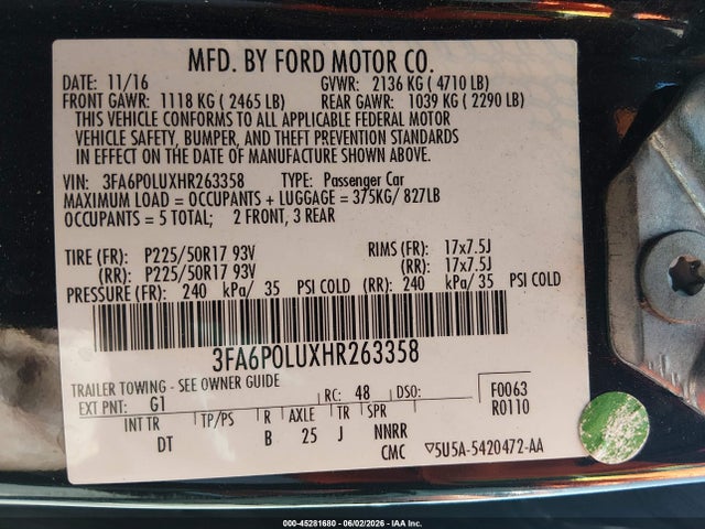Aukcja sprzedaży 2017 Ford Fusion Hybrid Se, vin: 3FA6P0LUXHR263358, numer aukcji: 45281680