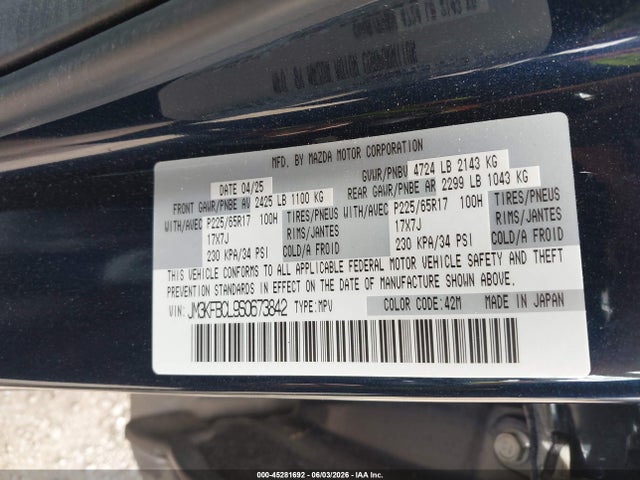 Продаж на аукціоні авто 2025 Mazda Cx-5 2.5 S Preferred, vin: JM3KFBCL9S0673842, номер лоту: 45281692