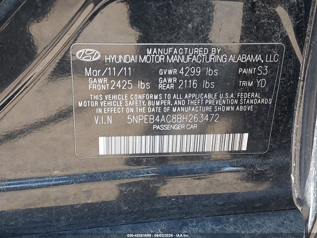 Продаж на аукціоні авто 2011 Hyundai Sonata Gls, vin: 5NPEB4AC8BH263472, номер лоту: 45281699