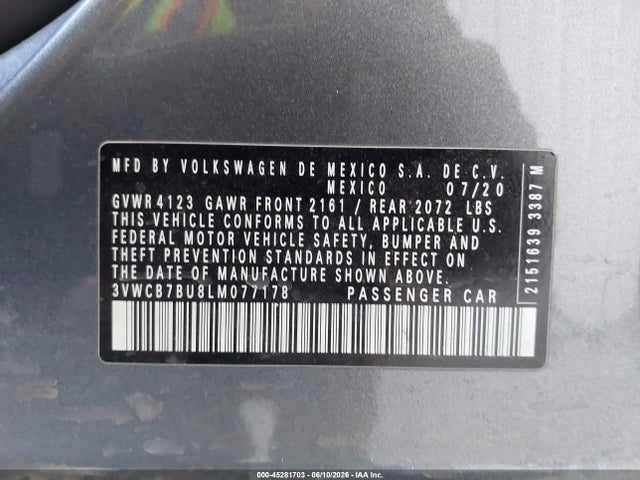 45281703 :رقم المزاد ، 3VWCB7BU8LM077178 vin ، 2020 Volkswagen Jetta 1.4t R-line/1.4t S/1.4t Se مزاد بيع