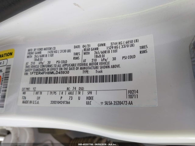 Продаж на аукціоні авто 2021 Ford Ranger Xlt, vin: 1FTER4FH8MLD45930, номер лоту: 45281706