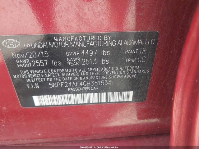 45281711 :رقم المزاد ، 5NPE24AF4GH351534 vin ، 2016 Hyundai Sonata Se مزاد بيع