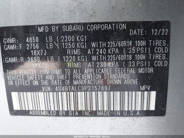 Aukcja sprzedaży 2023 Subaru Outback Onyx Edition, vin: 4S4BTALC0P3157897, numer aukcji: 45281714
