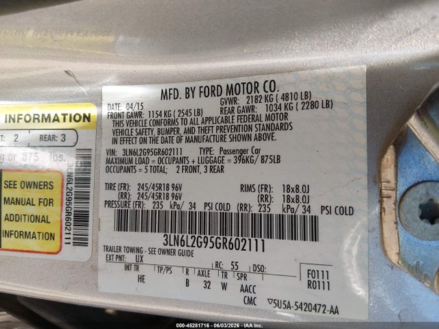 Lincoln MKZ 2016 3LN6L2G95GR602111 Image 9