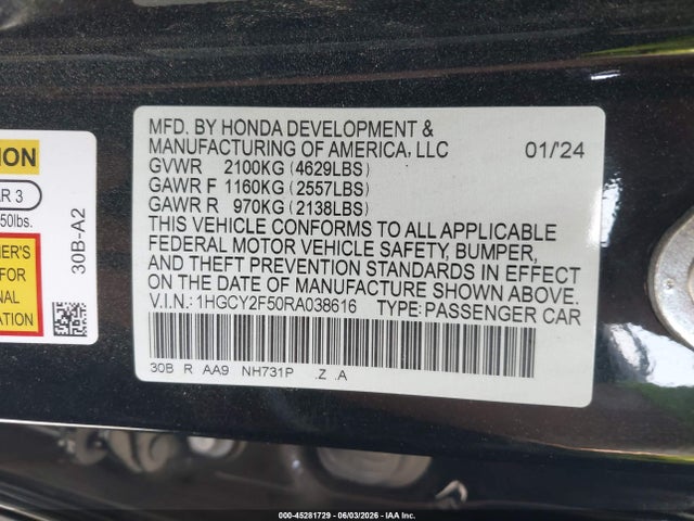 1HGCY2F50RA038616 Honda Accord Hybrid Sport