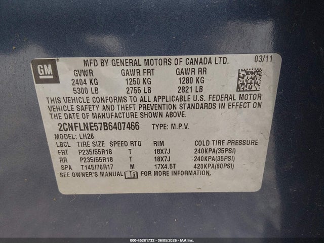 Auction sale of the 2011 Chevrolet Equinox 2lt, vin: 2CNFLNE57B6407466, lot number: 45281732