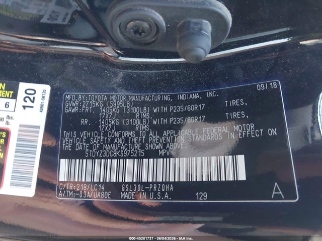 5TDYZ3DC8KS975215 Toyota Sienna Xle 8 Passenger