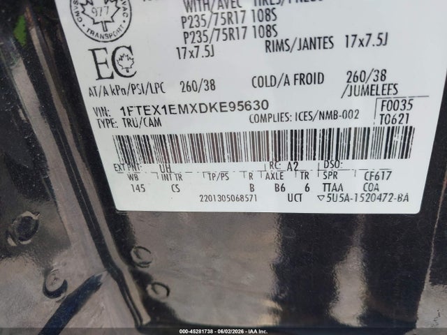 2013 Ford F-150 Stx მანქანა იყიდება აუქციონზე, vin: 1FTEX1EMXDKE95630, აუქციონის ნომერი: 45281738