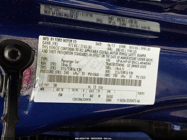 Продажа на аукционе авто 2012 Ford Focus Se, vin: 1FAHP3F20CL454590, номер лота: 45281740