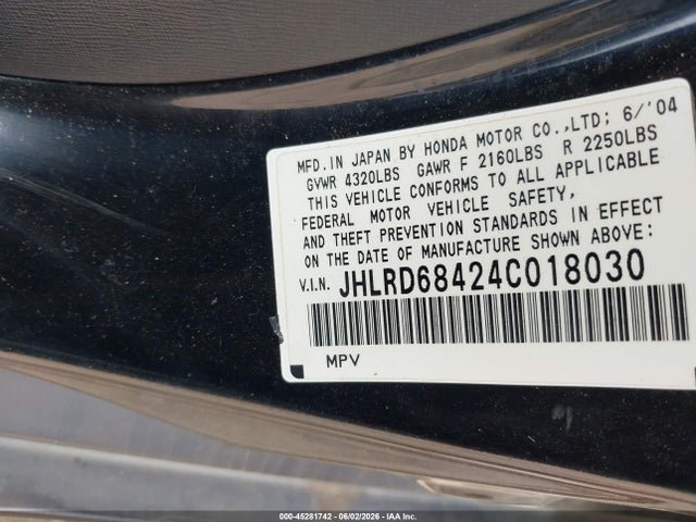 45281742 :رقم المزاد ، JHLRD68424C018030 vin ، 2004 Honda Cr-v Lx مزاد بيع