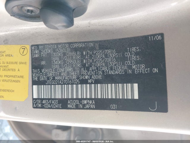 Aukcja sprzedaży 2007 Toyota Highlander, vin: JTEGD21A270161025, numer aukcji: 45281747
