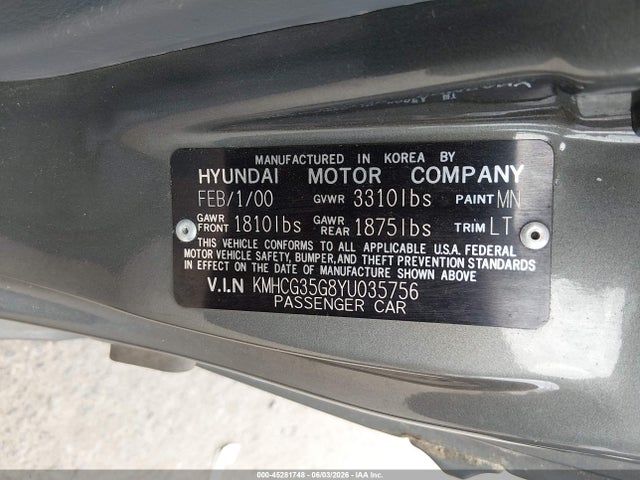 Aukcja sprzedaży 2000 Hyundai Accent Gs, vin: KMHCG35G8YU035756, numer aukcji: 45281748