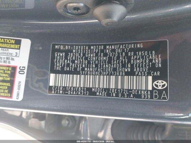 Продажа на аукционе авто 2017 Toyota Corolla Le, vin: 5YFBURHE3HP713686, номер лота: 45281751