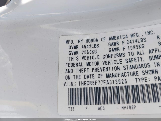 1HGCR6F77FA013925 Honda Accord Hybrid Touring